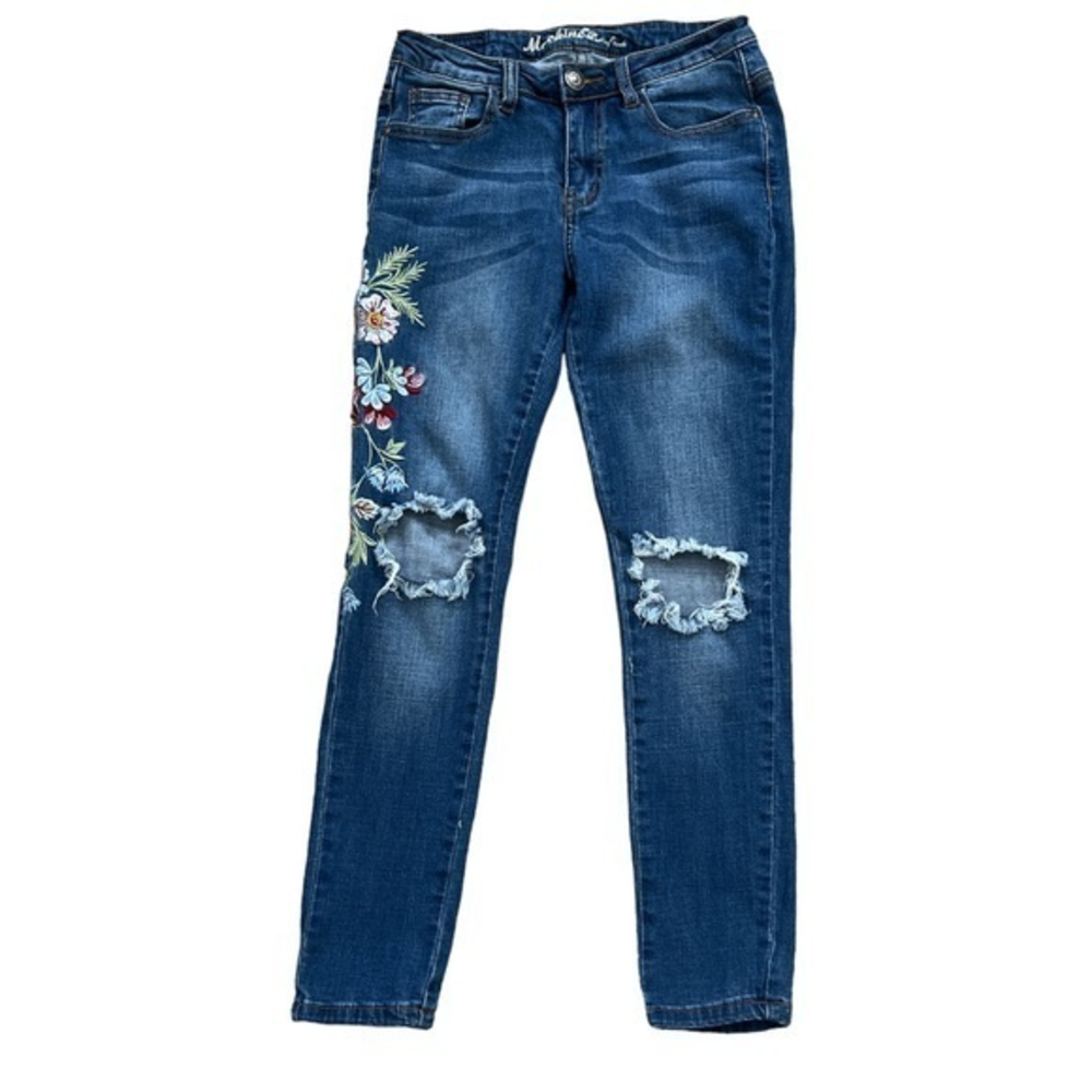 Machine Women's Distressed Embroidered Skinny Ankle Jeans Size: 3 Juniors